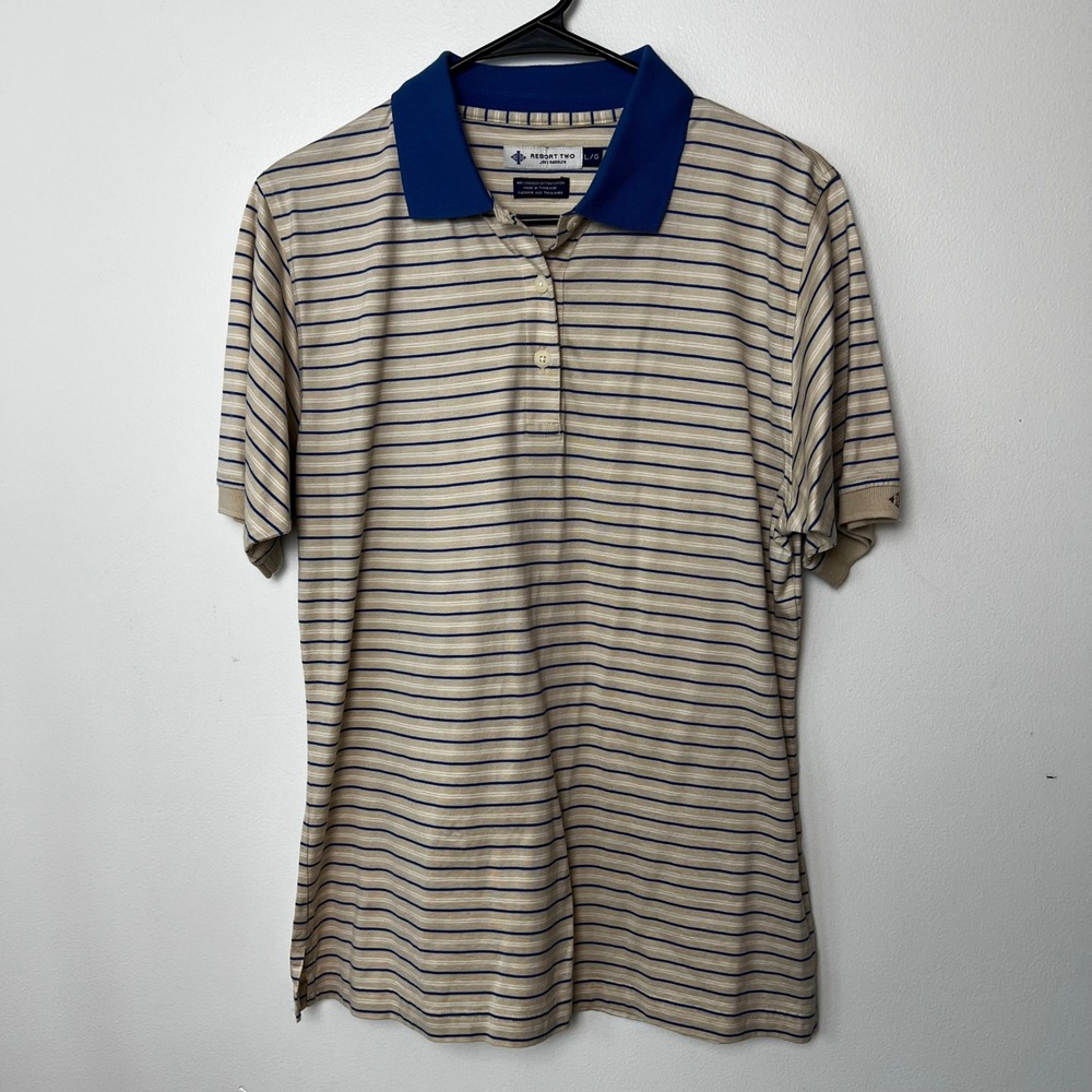Joey Rodolfo Resort‎ Two Mens Striped Polo Shirts Set of 2 Tan Blue Cream L VTG - Picture 2 of 13